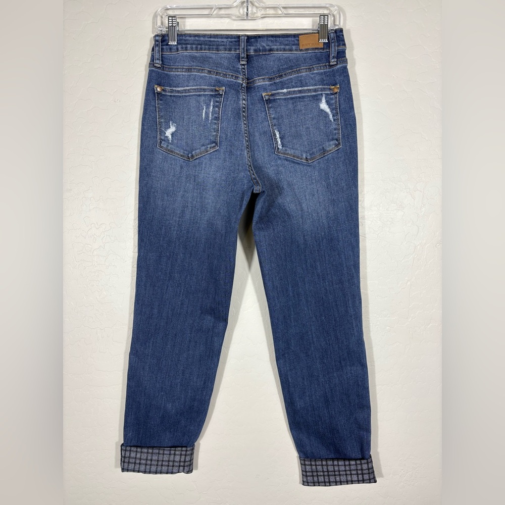 Judy Blue Plaid Cuff Mid Rise Slim Fit Distressed Denim Jeans Size 5/27 - Picture 7 of 12
